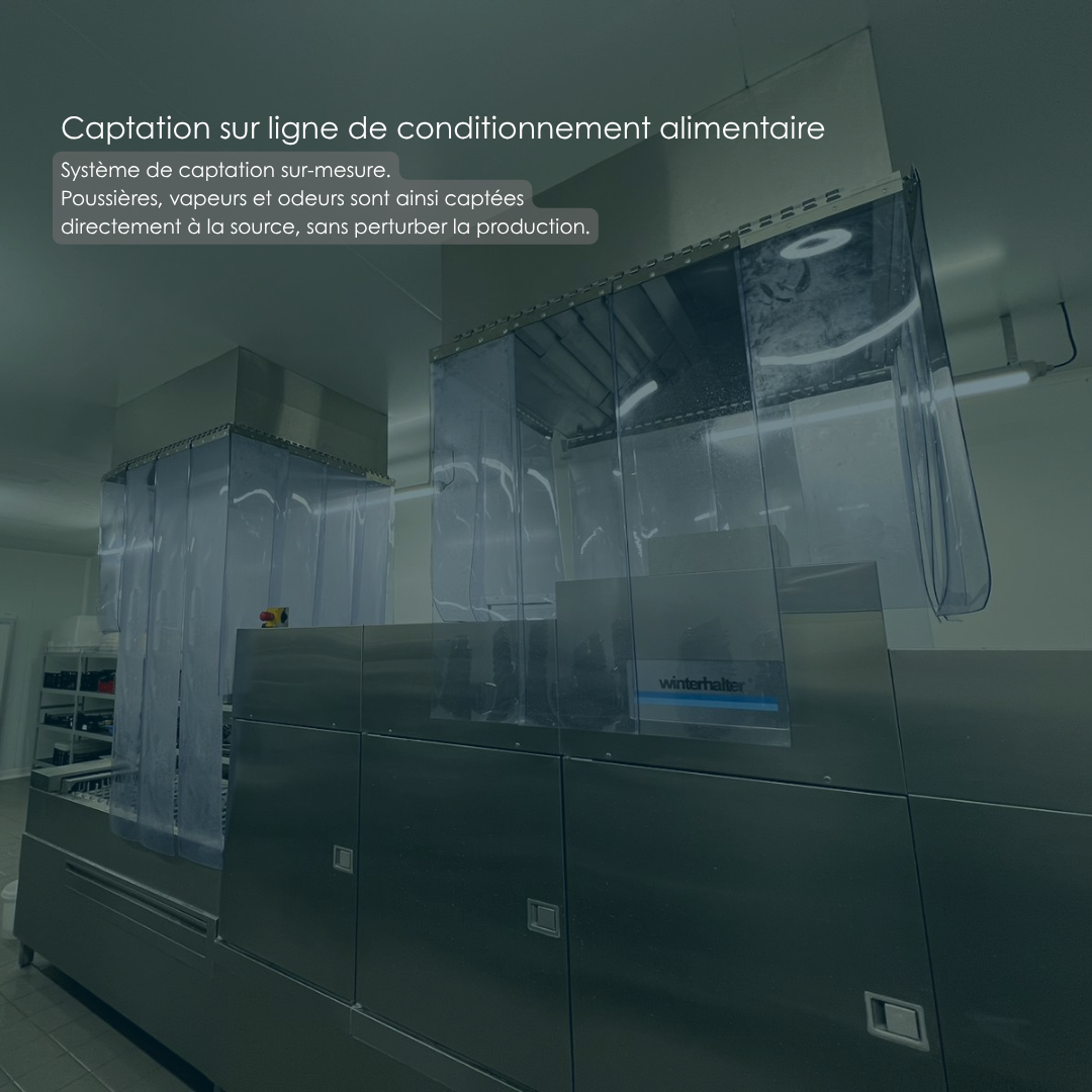 Système de captation avec rideaux souples installé sur une ligne de conditionnement alimentaire Winterhalter